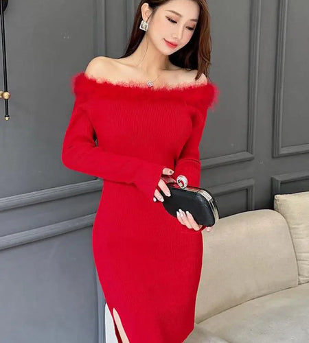 Women's Red Knitted Fur Neck Mini Dresses Female Autumn Winter Black Sexy Club Wrap Hip Versatile Pink Split Dress New 2023 Chic