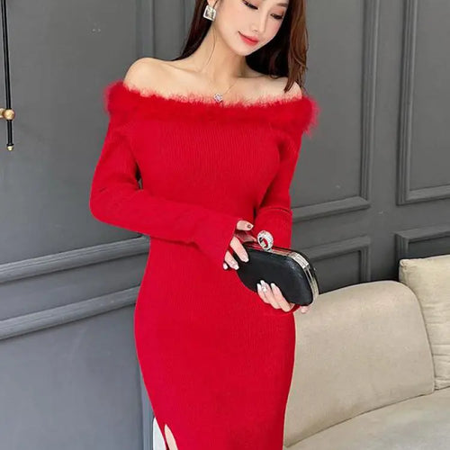 Load image into Gallery viewer, Women's Red Knitted Fur Neck Mini Dresses Female Autumn Winter Black Sexy Club Wrap Hip Versatile Pink Split Dress New 2023 Chic
