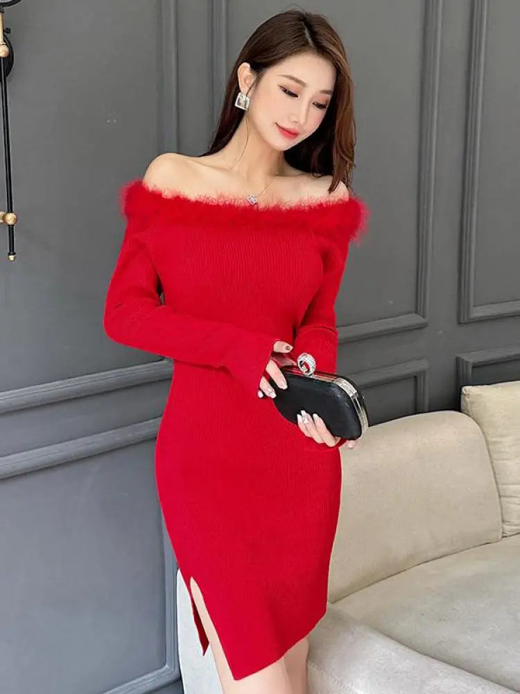 Women's Red Knitted Fur Neck Mini Dresses Female Autumn Winter Black Sexy Club Wrap Hip Versatile Pink Split Dress New 2023 Chic