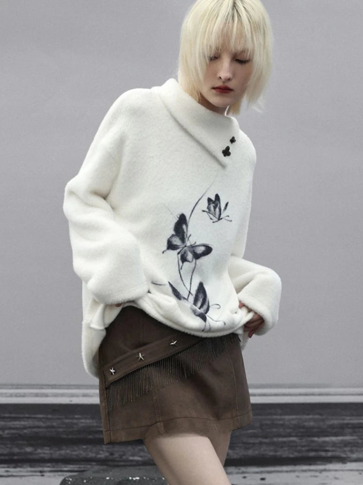 Oversized Harajuku Butterfly Jacquard Sweaters Streetwear Vintage Punk White Jumpers Women Y2k Aesthetic Casual Grunge Pullovers