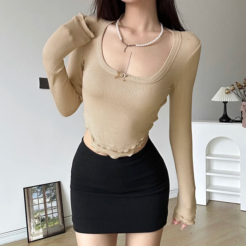 Korean Fashion Knit Stitched Tee Shirt Women Clothing Square Neck Skinny Bow Crop Tops Basic Kawaii Autumn T shirts