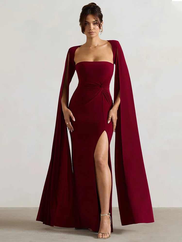 Long Cape Sleeve Split Maxi Dress For Women Gown Fashion Solid Square Collar Evening Sexy Long Dress Elegant New