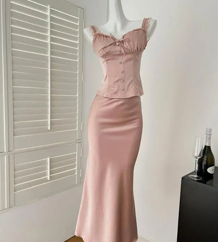 Summer 2025 Women Elegant Two Pcs Sets Pink V Neck Sexy Backless Ruffles Slim Slip Short Tops And High Waist Wrap Hip Long Skirt