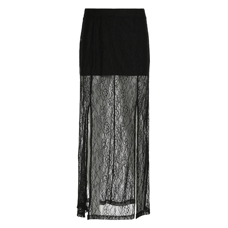 Fashion Elegant Solid Lace Skirt Female Boho Gothic Dark Split Long Skirts Transparent Double Layer Women's Bottoms
