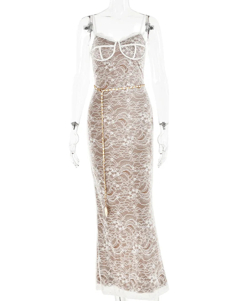 Sexy Lace Print Double Layer Dress For Women Bodycon Backless Metal Heart Pendant Maxi Dress Party Club Evening Dress