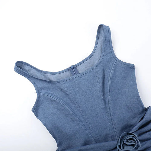 Load image into Gallery viewer, Flower Denim Mini Dress For Women Fashion Strapless Backless Ruched Dresses Femme Sleeveless Skinny Sexy Dress
