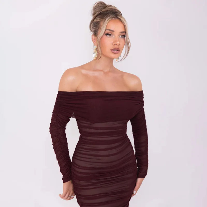 Off-shoulder Long Sleeve Sexy Maxi Dress For Women Autumn New Strapless Backless Bodycon Ruched Party Long Dress