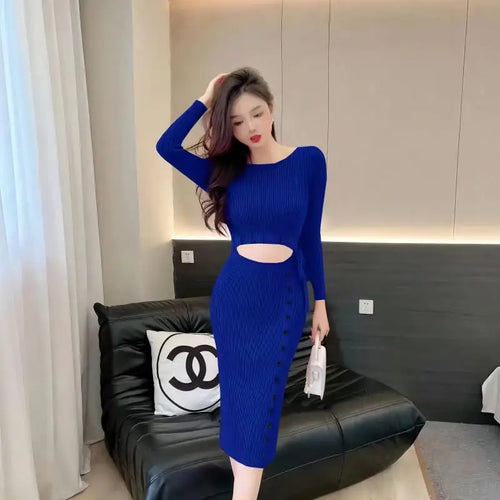 Load image into Gallery viewer, French Women Solid Elegant Festival Hollow Out Knit Dress Autumn Long Sleeve Slim Fashion Drawstring Lace-up Wrap Hip Dress Chic
