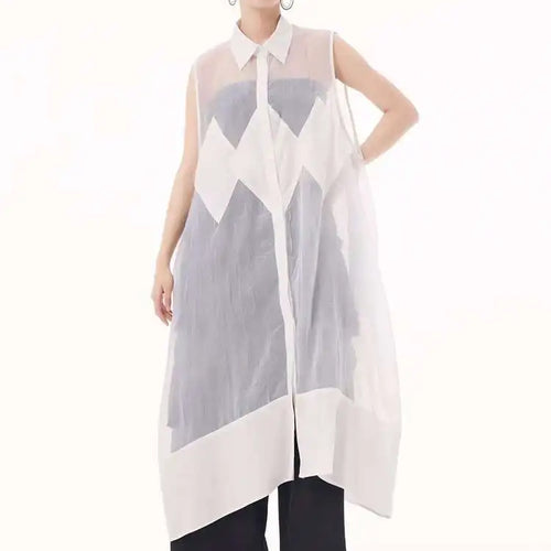 Load image into Gallery viewer, Women Black Mesh Perspective Big Size Long Shirt Dress New Lapel Sleeveless Fashion Tide Spring Summer 2025 1DH9517
