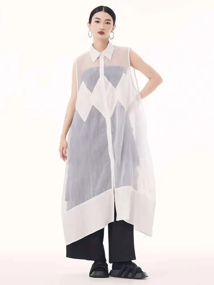 Women Black Mesh Perspective Big Size Long Shirt Dress New Lapel Sleeveless Fashion Tide Spring Summer 2025 1DH9517