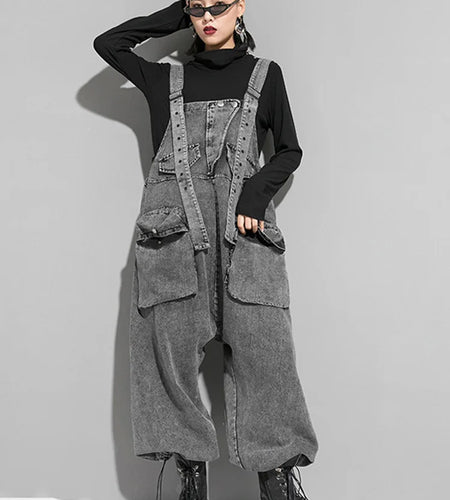 High Waist Black Pockets Denim Big Size Overalls Trousers New Loose Fit Pants Women Fashion Tide Spring Autumn 2025 1K164
