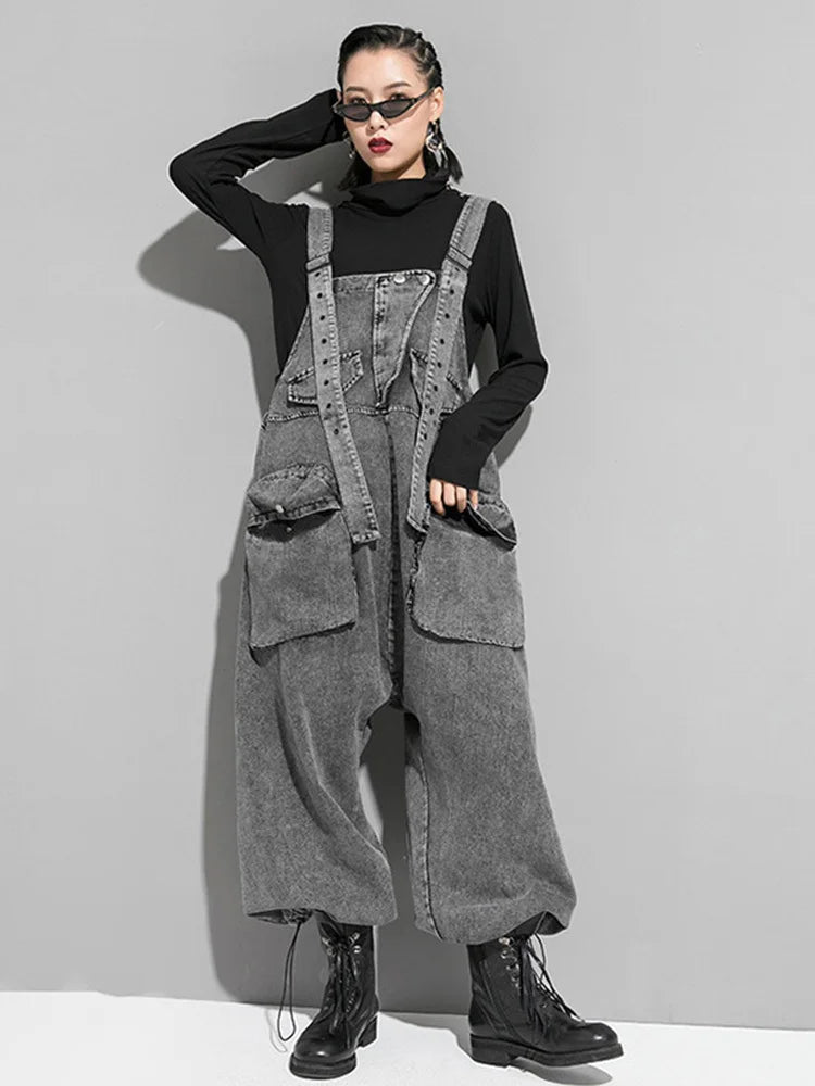 High Waist Black Pockets Denim Big Size Overalls Trousers New Loose Fit Pants Women Fashion Tide Spring Autumn 2025 1K164