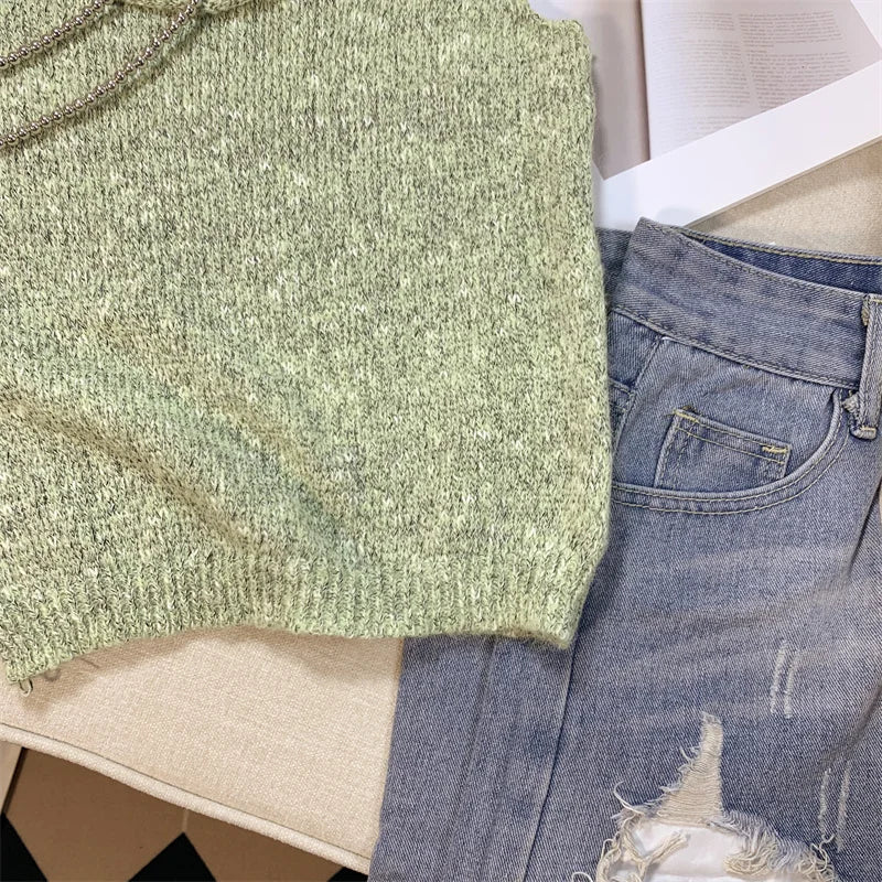 New Women's Green Sleeveless Backless Slip Tops Gray Backless Sleeveless Crochet Knitted Short Tank Top Summer Clothing Fashion