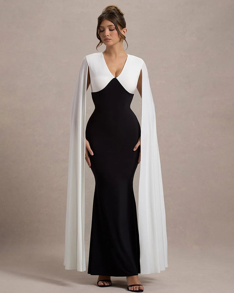 Cape Sleeve V Neck Sexy Maxi Dress For Women White Black Patchwork Backless Bodycon Evening Sexy Long Dress Elegant
