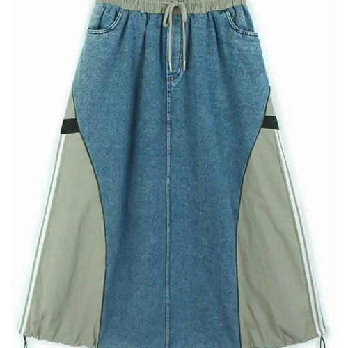 Load image into Gallery viewer, High Elastic Waist Black Denim Color-block Drawstring A-line Half-body Skirt Women Fashion New Spring Autumn 2025 1DH8432

