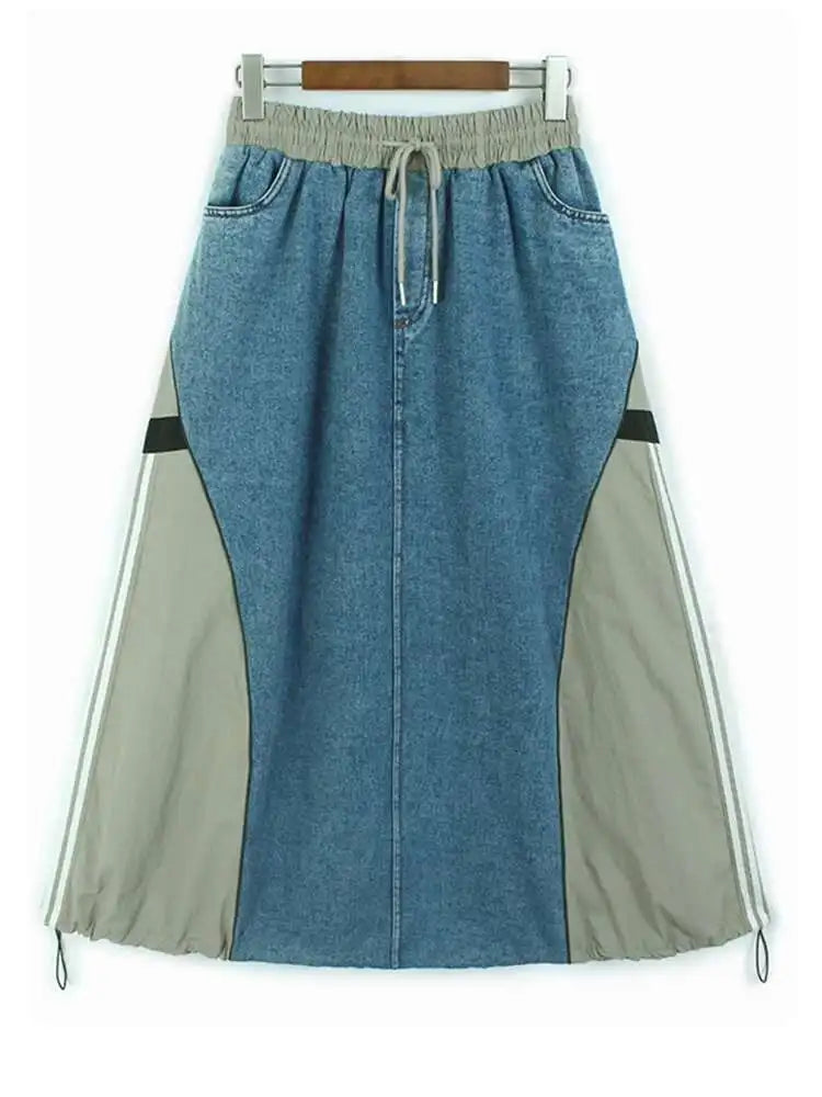 High Elastic Waist Black Denim Color-block Drawstring A-line Half-body Skirt Women Fashion New Spring Autumn 2025 1DH8432