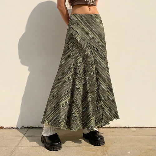 Load image into Gallery viewer, Fairycore Stripe Frill Elegant Maxi Skirt Women Embroidery Vintage Clothes Y2K Aesthetic Long Skirt Chic Boho Stitch
