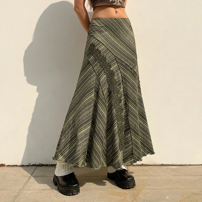 Fairycore Stripe Frill Elegant Maxi Skirt Women Embroidery Vintage Clothes Y2K Aesthetic Long Skirt Chic Boho Stitch