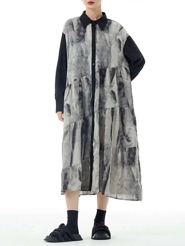 Women Black Pattern Printed Big Size Midi Shirt Dress New Lapel Long Sleeve Fashion Tide Spring Autumn 2025 1DH4765