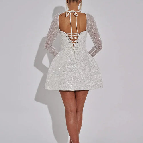 Load image into Gallery viewer, Sequins Long Sleeve Backless Sexy Mini Dress Women Robe Fashion Sparkle Lace-up High Waist A-line Club Dress Vestido
