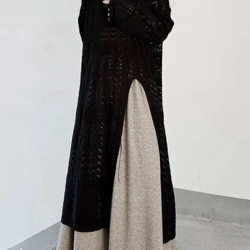 Load image into Gallery viewer, Women Black Big Size  Hollow Out Long Sweater Dress New Round Neck Long Sleeve Fashion Tide Spring Autumn 2025 1DJ0404
