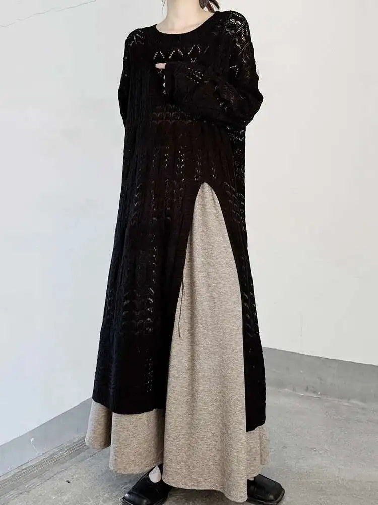 Women Black Big Size  Hollow Out Long Sweater Dress New Round Neck Long Sleeve Fashion Tide Spring Autumn 2025 1DJ0404