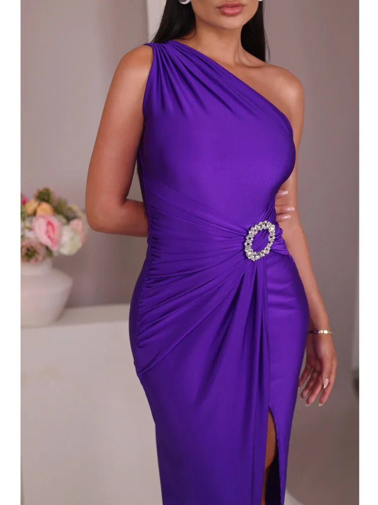 Elegant Diagonal High Split Pleated Evening Dress For Women Elastic Tight Sexy Maxi Female Party Summer 2024 New Vesidos