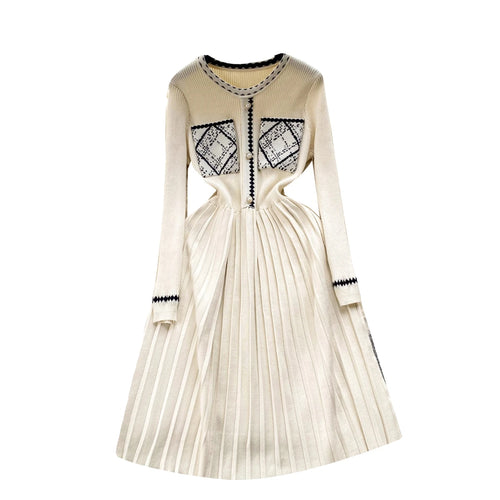 Load image into Gallery viewer, Beige Patchwork Knit Sweater Long Dress Woman Clothes Casual Autumn Winter Korean Slim Long Sleeve Elegant Black Pleated Dresses
