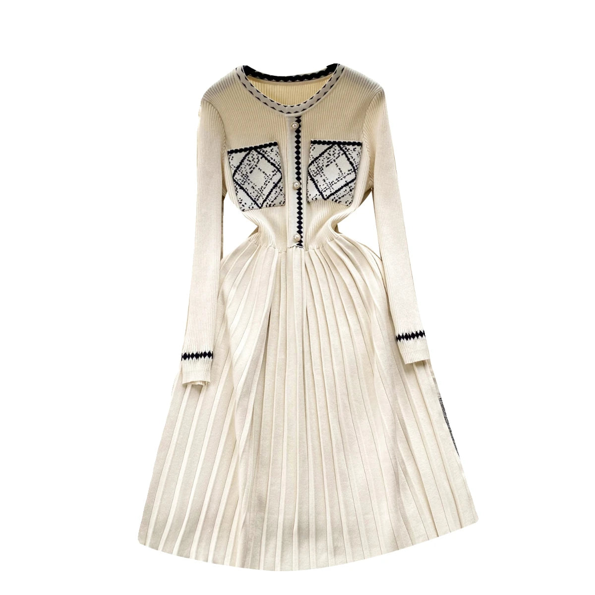 Beige Patchwork Knit Sweater Long Dress Woman Clothes Casual Autumn Winter Korean Slim Long Sleeve Elegant Black Pleated Dresses