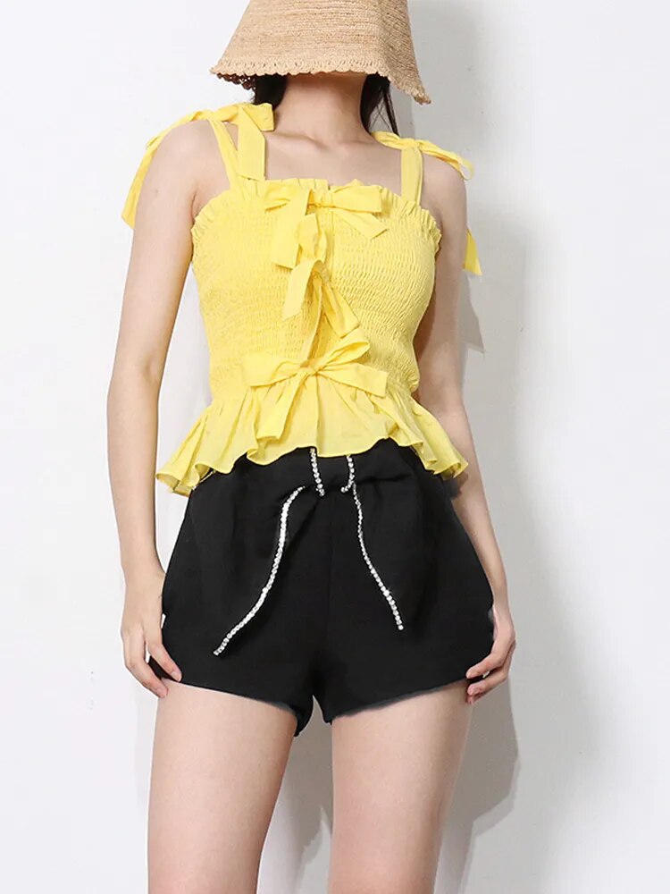 Off Shoulder Tank Tops For Women Square Collar Sleeveless Tunic Solid Summer Folds Hem Slim Vest Female Fashion