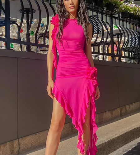 Tulle Flower Asymmetrical RUFFLES O-Neck Tank Mini Dress Women Mesh See Through Sexy Wrap Dress Elegant Slim Partywear