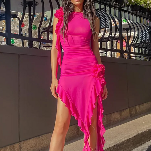 Load image into Gallery viewer, Tulle Flower Asymmetrical RUFFLES O-Neck Tank Mini Dress Women Mesh See Through Sexy Wrap Dress Elegant Slim Partywear
