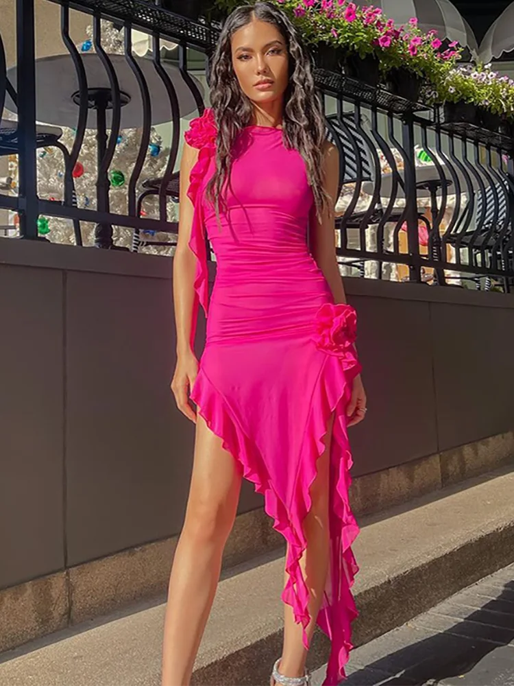 Tulle Flower Asymmetrical RUFFLES O-Neck Tank Mini Dress Women Mesh See Through Sexy Wrap Dress Elegant Slim Partywear