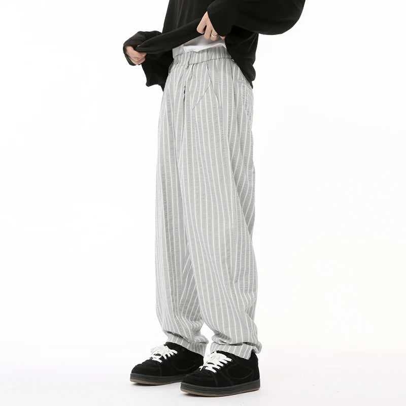 Summer Male Pants Vertical Stripe Contrast Color Casual Menwear Wide Leg Loose Straight Button Korean Style 9C6569