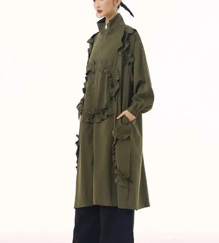 Women Army Green Ruffles Big Size Long Trench New Stand Collar Long Sleeve Windbreaker Fashion Spring Autumn 2025 1DH9215