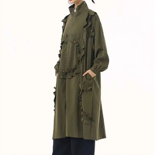 Load image into Gallery viewer, Women Army Green Ruffles Big Size Long Trench New Stand Collar Long Sleeve Windbreaker Fashion Spring Autumn 2025 1DH9215
