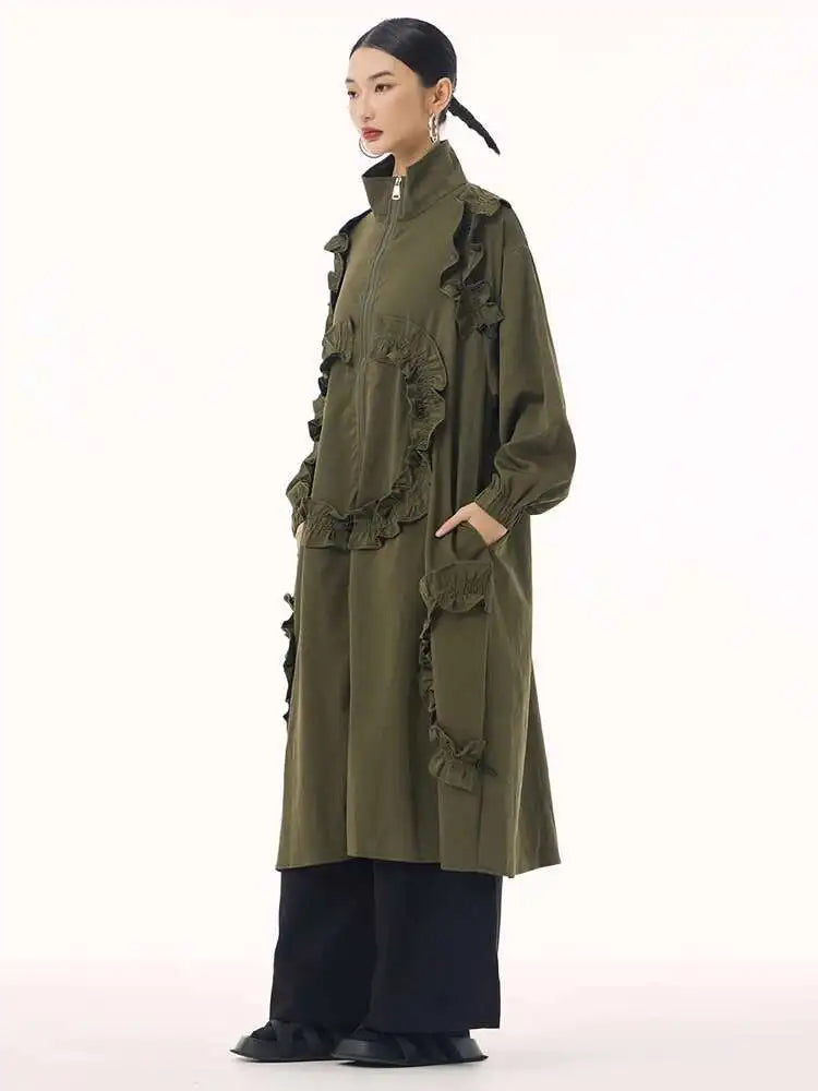 Women Army Green Ruffles Big Size Long Trench New Stand Collar Long Sleeve Windbreaker Fashion Spring Autumn 2025 1DH9215