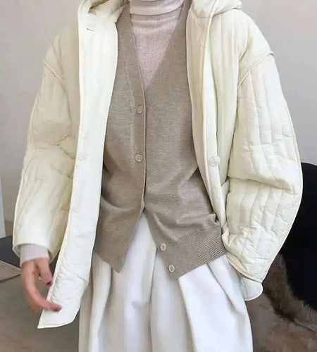 Hooded Beige Big Size Cotton-padded Coat Long Sleeve Loose Fit Women Parkas Fashion Tide New Autumn Winter 2025 1DH3820