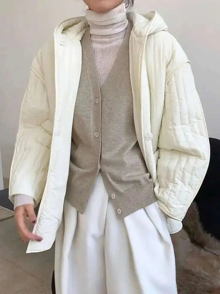 Hooded Beige Big Size Cotton-padded Coat Long Sleeve Loose Fit Women Parkas Fashion Tide New Autumn Winter 2025 1DH3820