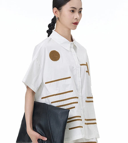 Women White Patch Spliced Big Size Casual Blouse New Lapel Short Sleeve Shirt Fashion Tide Spring Summer 2025 1DJ1495