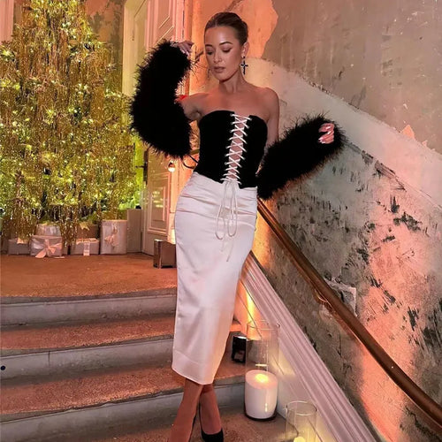 Load image into Gallery viewer, Elegant Sexy Skirt Two Piece Set Women Strapless Bandage Crop Top And Maxi Skirt Female Fashion Club Party Sexy Sets
