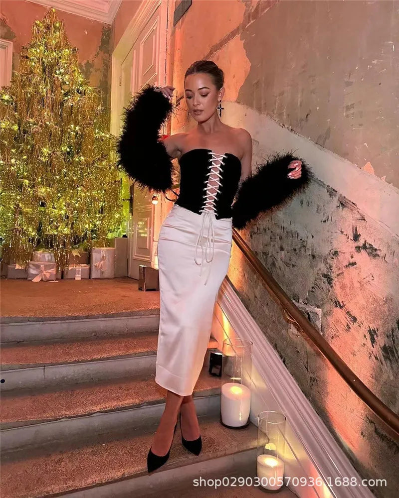 Elegant Sexy Skirt Two Piece Set Women Strapless Bandage Crop Top And Maxi Skirt Female Fashion Club Party Sexy Sets