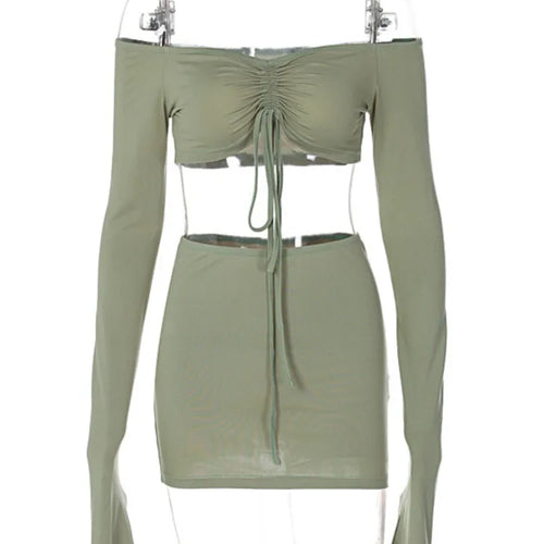 Load image into Gallery viewer, Sexy Two Piece Set Women Outfit Green Strapless Full Sleeve Crop Top And Mini Skirt Matching Sets Female Dress Set
