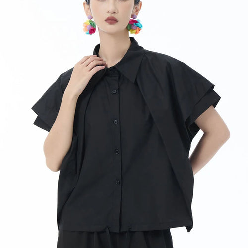 Load image into Gallery viewer, Women Gray Irregular Spliced Bandage Big Size Blouse New Lapel Short Sleeve Shirt Fashion Tide Spring Summer 2025 1DJ1605
