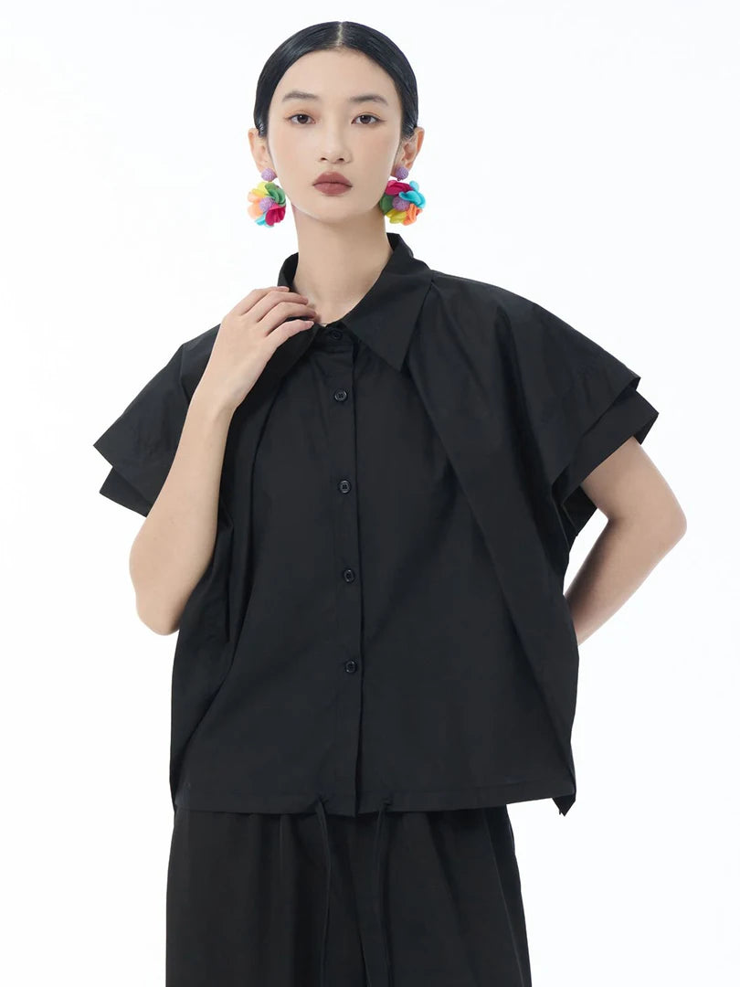 Women Gray Irregular Spliced Bandage Big Size Blouse New Lapel Short Sleeve Shirt Fashion Tide Spring Summer 2025 1DJ1605