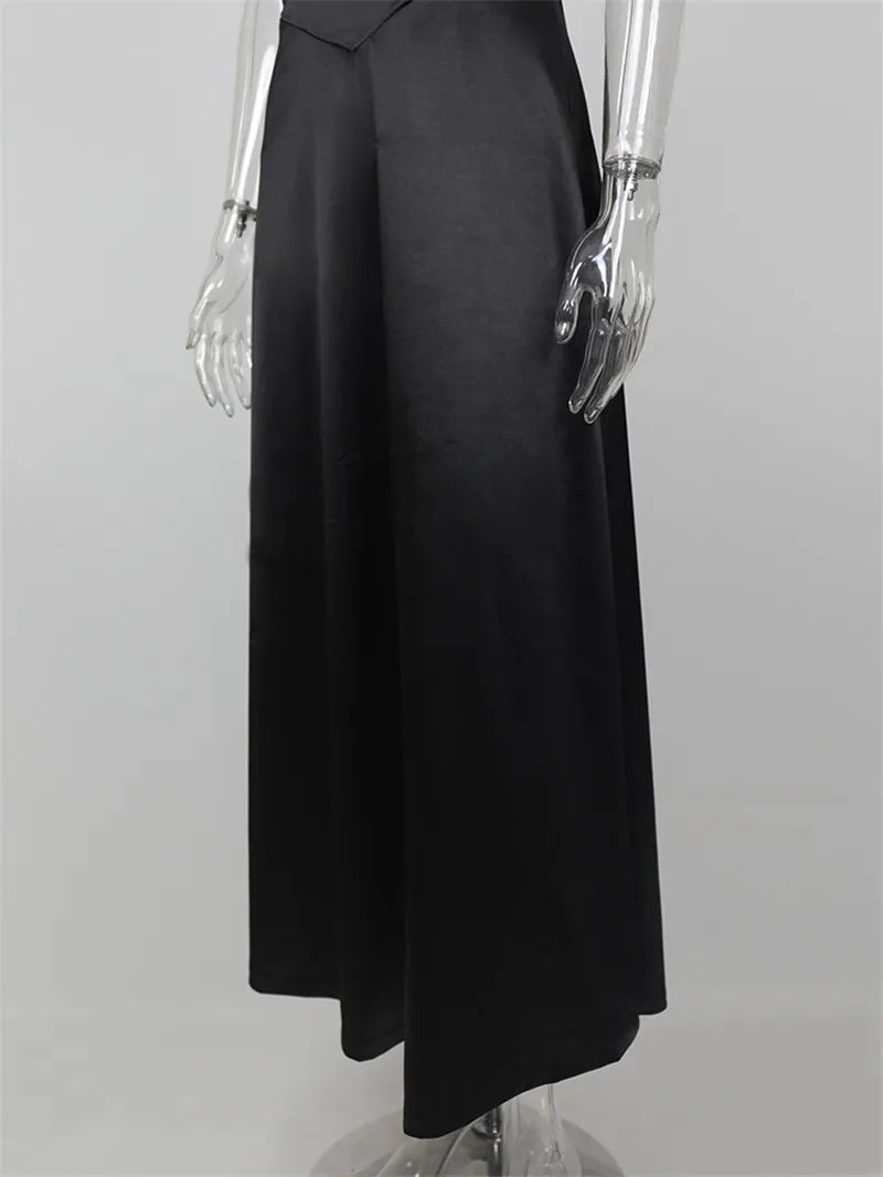 Lace-up Satin Maxi Slipdress Women Black Spaghetti Strap Sleeveless Backless Maxi Dress Femme Club Party Evening Dress