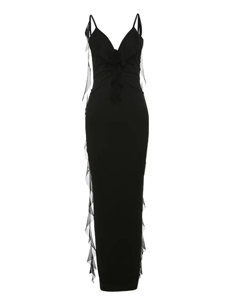 Sexy Spaghetti Strap Naked Back 3D Flower Women Dress Elegant V-neck Long Skirt Bodycon Strap Party Club Evening Dress