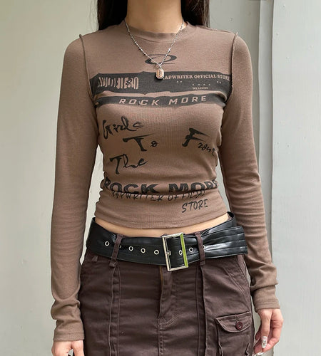 Y2K Streetwear Knit Graphic T shirts Print Bodycon Long Sleeve Autumn Tee Pullover Harajuku Slim O-Neck Top Aesthetic