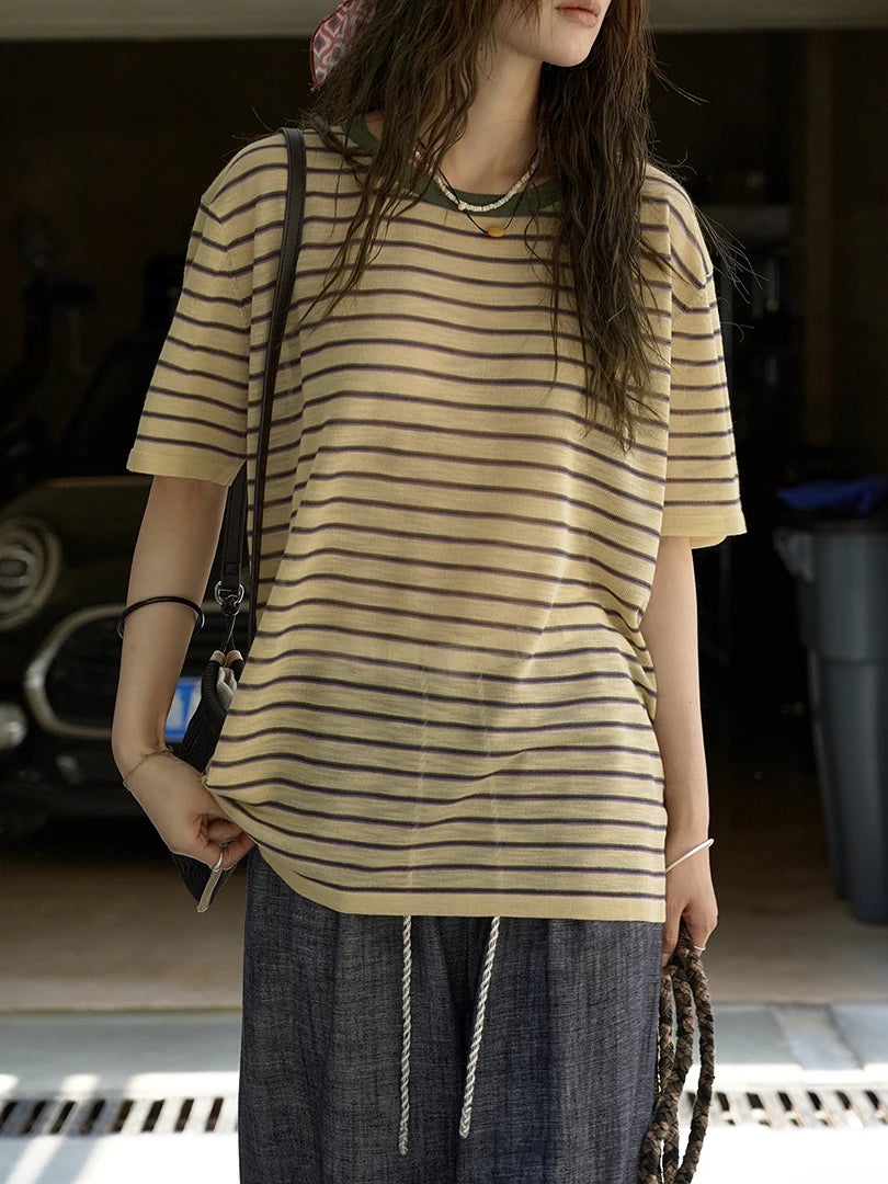 Yellow Stripe Thin Big Size Knitting Sweater Round Neck Half Sleeve Women Pullovers New Fashion Spring Summer 2025 1DJ1626