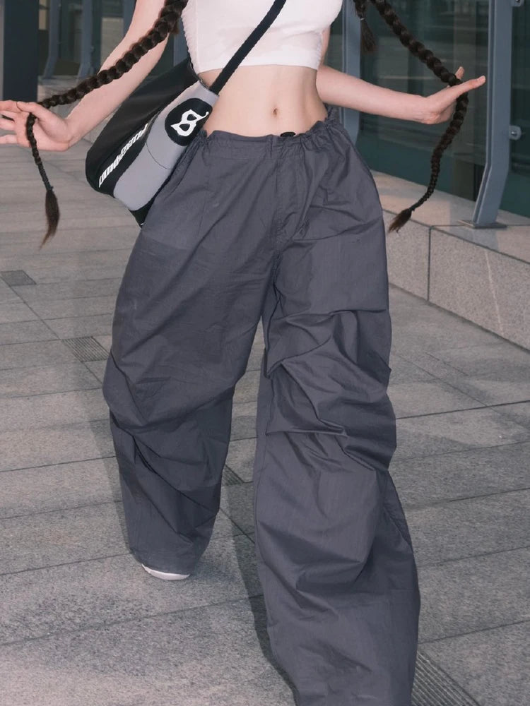 Streetwear Oversize Drawstring Hippie Tech Low Waist Parachute Pants Female Harajuku Solid Ruched Wide Leg Trousers